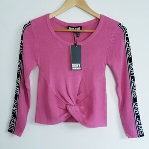 DKNY Jeans Pink Twist Front Crop Knit Long Sleeve Top with Logo Detail NWT
